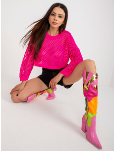 Fashionhunters Fluo růžový krátký prolamovaný svetr na léto
