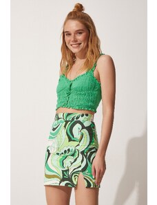 Happiness İstanbul Women's Green Geometric Pattern Slit Mini Knitted Skirt