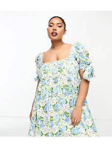 The Frolic Plus edge detail puff sleeve mini dress in vintage bloom floral-Blue