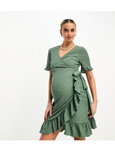 Vero Moda Maternity frill wrap front mini dress in khaki-Green