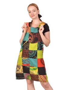 Krátké šaty s laclem a kapsou, multibarevný patchwork, bavlněné plátno L/XL , Nepál , 100% bavlna
