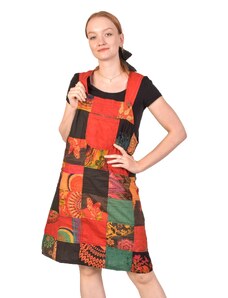 Krátké šaty s laclem a kapsou, multibarevný patchwork, bavlněné plátno L/XL , Nepál , 100% bavlna