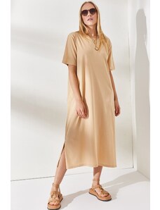 Olalook Women's Beige Side Slit Oversize Cotton Dress