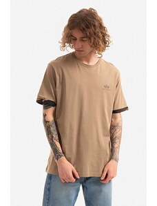 Bavlněné tričko Alpha Industries hnědá barva, s potiskem, 106509.408-brown