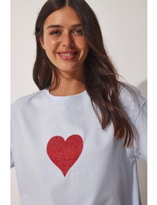 Happiness İstanbul Women's Sky Blue Sparkling Heart Printed Oversize Knitted T-Shirt