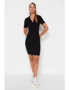 Trendyol Black Fitted/Fitted Polo Neck Mini Ribbed Stretch Knit Dress
