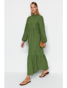 Trendyol zelené tkané šaty s vysokým výstřihem vrásčité široké
