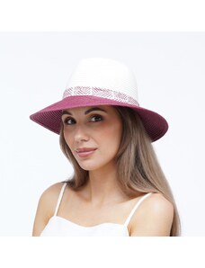 KRUMLOVANKA Bílý letní klobouk Fedora MC-3777 ETHNIC s bordó krempou