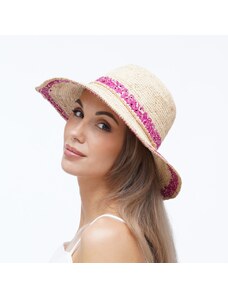 KRUMLOVANKA Letní dámský klobouk z rafie s růžovým zdobením VHM-0001/RUZ
