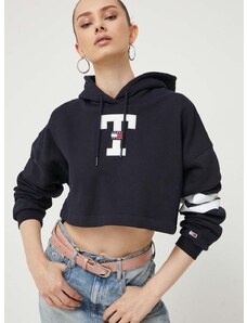 Mikina Tommy Jeans dámská, tmavomodrá barva, s kapucí, s aplikací