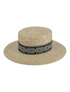 Letní slaměný boater klobouk s černou zdobenou stuhou - francouzský žirarďák - Fléchet - Since 1859
