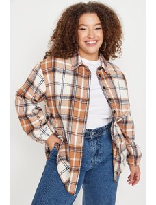 Trendyol Curve Brown Plaid Oversize Woven Shirt