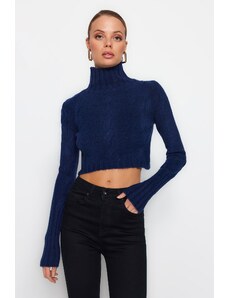 Trendyol Navy Blue Crop Měkký texturovaný pletený svetr