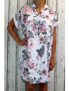 Italy Moda Dámská dlouhá polokošile/košilové šaty - kytky- bílo-růžové
