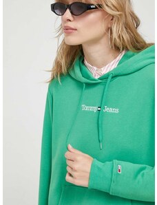 Mikina Tommy Jeans dámská, zelená barva, s kapucí, hladká