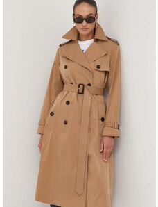 Trench kabát BOSS dámský, béžová barva, přechodný, dvouřadový