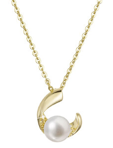 EVOLUTION GROUP Pozlacený stříbrný náhrdelník s pravou říční perlou v půlkruhu se zirkony 22041.1
