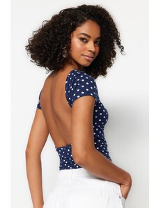 Trendyol Navy Blue Polka Dot Printed Knitted Cotton Blouse With Decollete Decollete