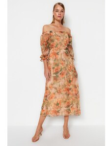 Trendyol Oranžová Květinový Carmen Límec A-Linie / Bell Form Šifón Maxi Podšívka Tkané šaty
