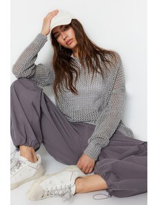Trendyol šedý super široký bavlněný prolamovaný/perforovaný pletený svetr