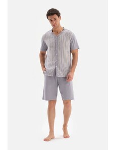 Dagi Gray Front Buttoned Striped Woven Shorts Pajama Set