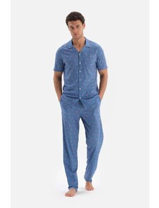 Dagi Blue Shirt Collar Microprint Printed Pajama Set