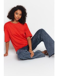 Trendyol Red 100% Cotton Stone Detailed Relaxed/Wide, Comfortable Cut Crewneck Knitted T-Shirt