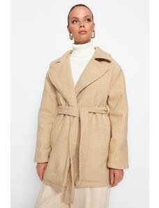 Trendyol Beige Oversize kabát se širokým střihem a páskem
