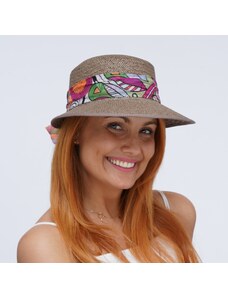 KRUMLOVANKA Letní dámská slaměná čepice s kšiltem a barevnou stuhou Fa-42671 hnědá