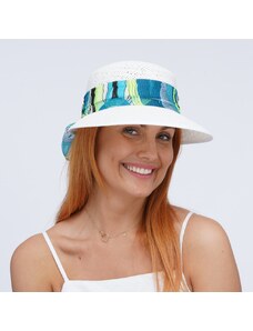 KRUMLOVANKA Letní dámská slaměná čepice s kšiltem a barevnou stuhou Fa-42671 bílá