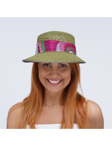 KRUMLOVANKA Letní dámská slaměná čepice s kšiltem a barevnou stuhou Fa-42671 zelená