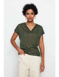 Trendyol Khaki V-Neck Linen-Looking Regular Fit Knitted T-Shirt