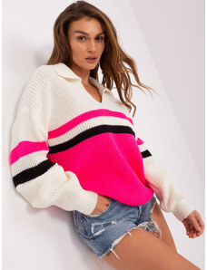 Fashionhunters Ecru-fluo růžový oversize svetr s límečkem