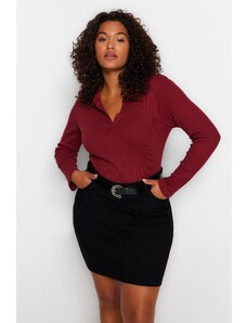 Trendyol Curve Claret Red Fitted Ribbed Shirt Collar Snap Fastener Knitted Body
