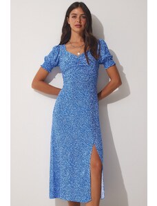 Happiness İstanbul Women's Blue Pleated Sweetheart Neck Summer Viscose Dress