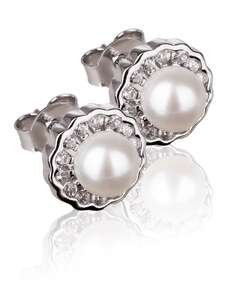 Stříbrné náušnice s perlou a kyticí zirkonů okolo - Meucci SP95E