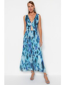 Trendyol Modrá Vystřižené Detailní V-výstřih Vzorované A-Linie / Bell Form Maxi Podšívka Tkané šaty