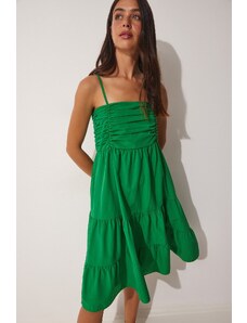 Happiness İstanbul Štěstí İstanbul Dámské zelené páskové volánové letní popelínové šaty