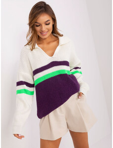 Fashionhunters Ecru-tmavě fialový oversize svetr s vlnou