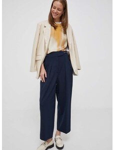Kalhoty Lauren Ralph Lauren dámské, tmavomodrá barva, široké, high waist
