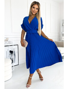 NUMOCO Plisované modré midi šaty se širokým páskem FELICIA Modrá