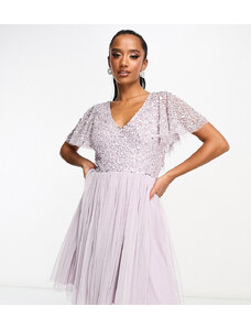 Beauut Petite Bridesmaid embellished mini dress with flutter detail in lilac-Purple