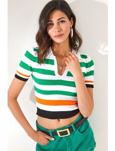Olalook Women's Orange Green Polo Neck Striped Crop Knitwear Blouse