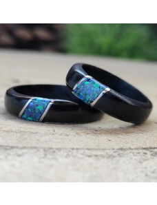 Woodlife Snubní prsteny s ocelí a modrozeleným opálem