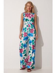 Happiness İstanbul Women's Ecru Blue Floral Summer Knitted Jumpsuit