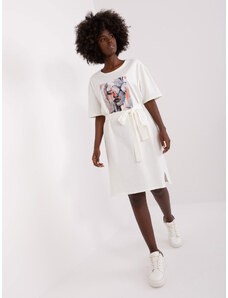Fashionhunters Ecru dámské tričkové šaty s páskem