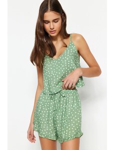 Trendyol Mint Polka Dot Ruffle Detailed Undershirt-Shorts Woven Pajama Set
