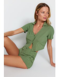 Trendyol Dark Green Ribbed Crop T-shirt-Shorts Knitted Pajamas Set