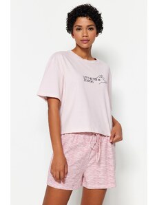 Trendyol Powder Striped Motto Printed Cotton T-shirt-Shorts Knitted Pajamas Set