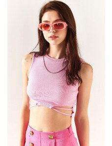 Olalook Women's Candy Pink Lycra Crop Blouse with Decollete